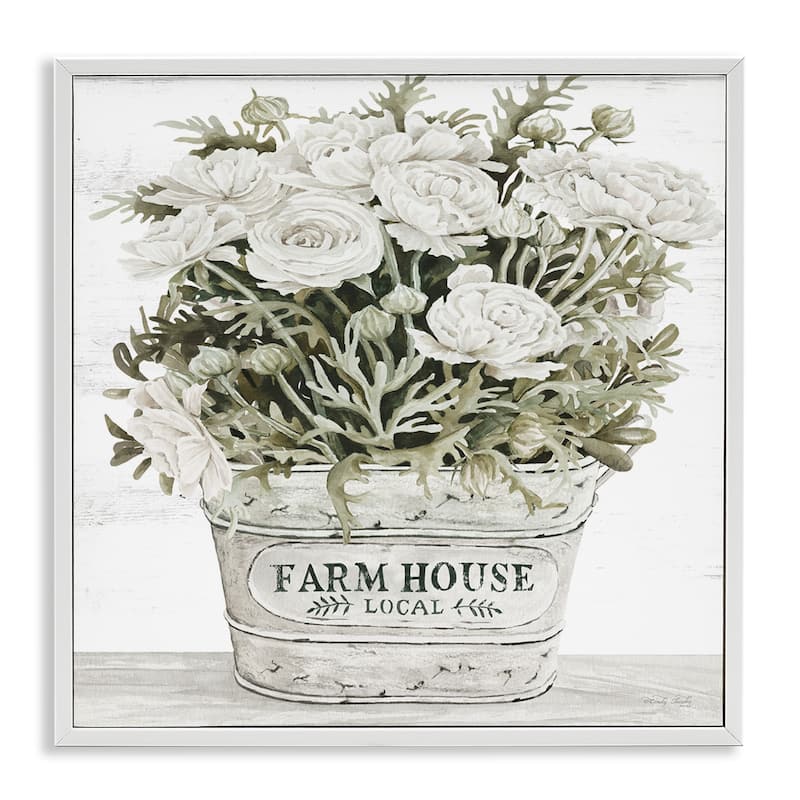 Stupell Farmhouse Planter White Rose Blossoms Rustic Table Framed Wall Art, Design by Cindy Jacobs - Green - 12 x 12 - White