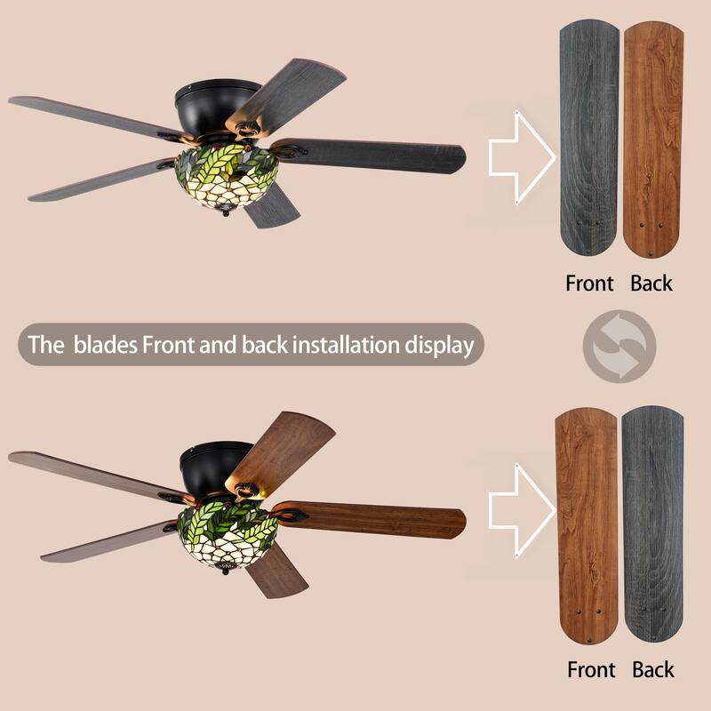 Kyemon 52-Inch Flushmount Lighted Ceiling Fan White Green Fronds Tiffany Glass Lamp Black Finish