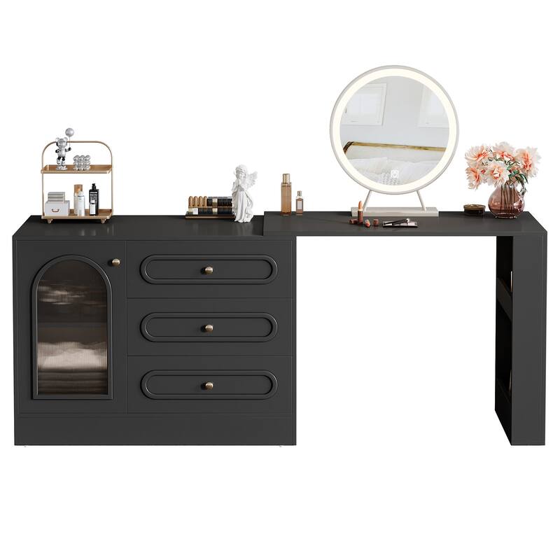 360° Rotatable Vanity Desk with 3 Drawers, Modern White Corner Vanity