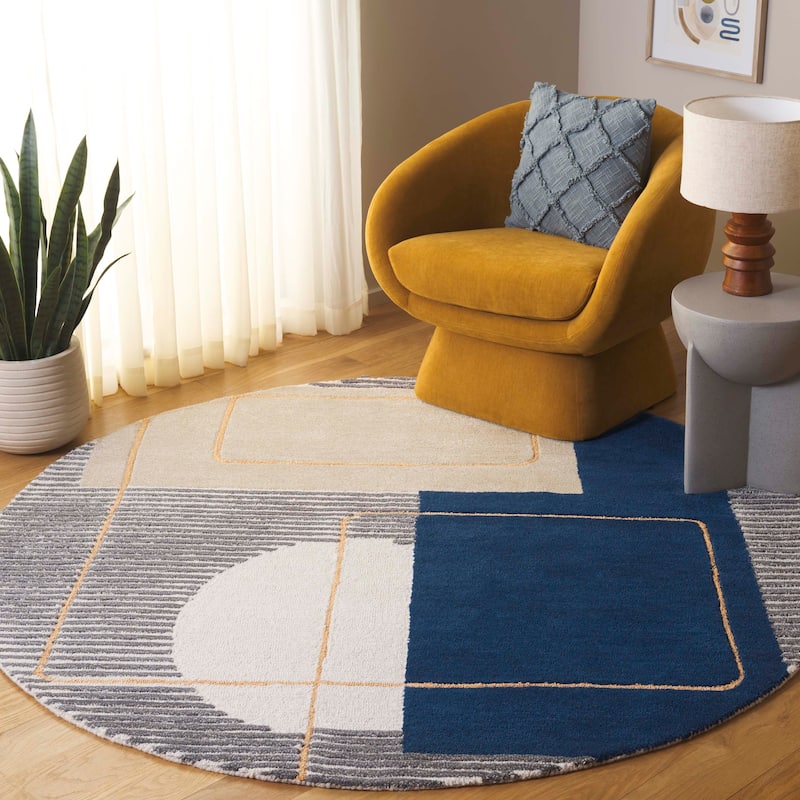 SAFAVIEH Handmade Ebony Kimi Contemporary Wool Rug - 5' Round - Beige/Blue