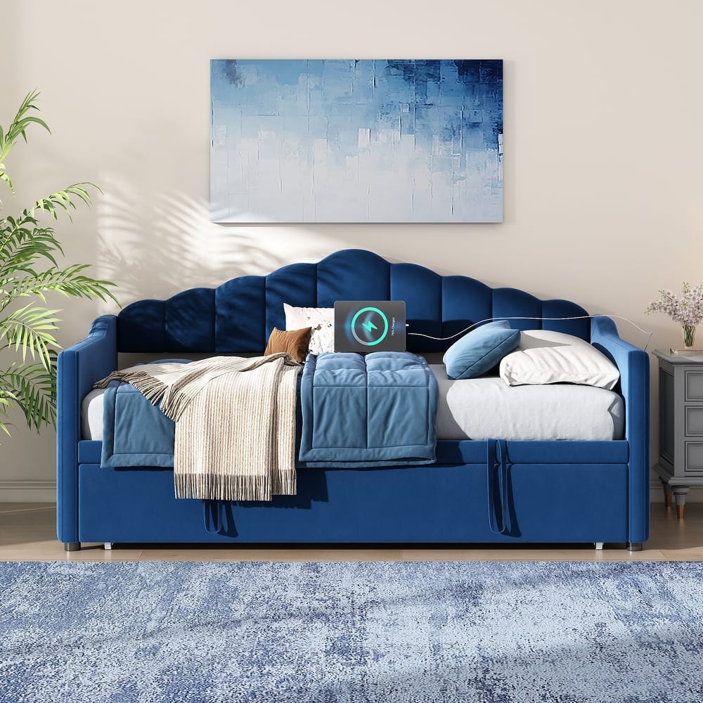 Velvet Upholstered Daybed with Adjustable Height Pop Up Trundle and Charging Station, Twin Size Pull Out Platform Sofa Bed Frame