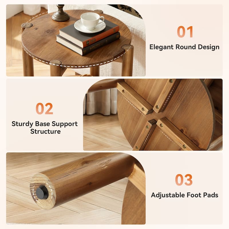 Solid Wood Round End Tables for Living Room, Farmhouse 2-tier Side Table - 19.69" D x 19.69" W x 23.62" H