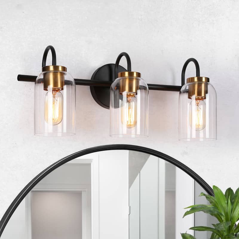 Modern Industrial 3-Light Black Brass Wall Light Clear Glass Vanity Light Fixture for Bathroom