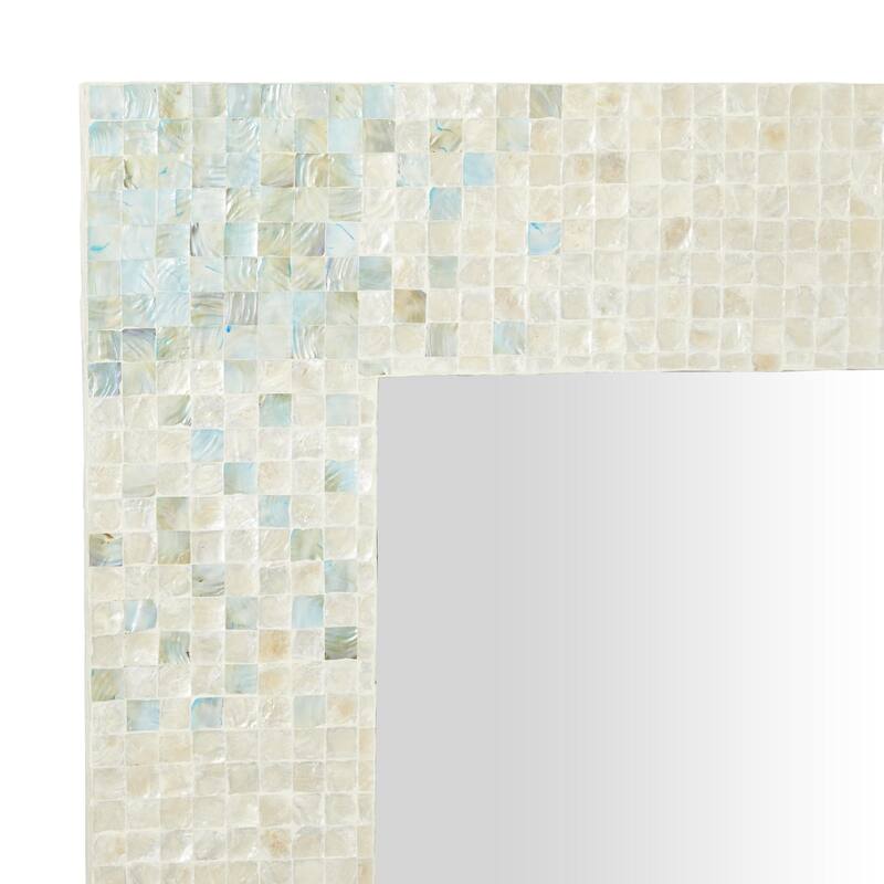 Cream Mother of Pearl Shell Handmade Mosaic Room Wall Mirror with Blue Corners