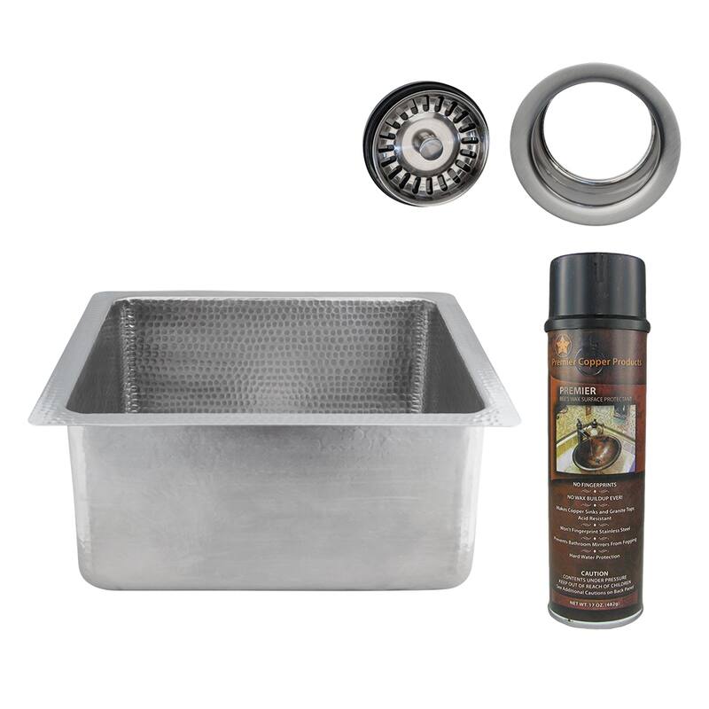 16" Square Hammered Copper Bar/Prep Sink in Nickel w/ 3.5" Drain Opening, Matching Drain and Accessories