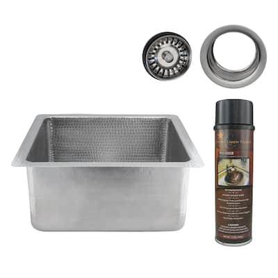 16" Square Hammered Copper Bar/Prep Sink in Nickel w/ 3.5" Drain Opening, Matching Drain and Accessories