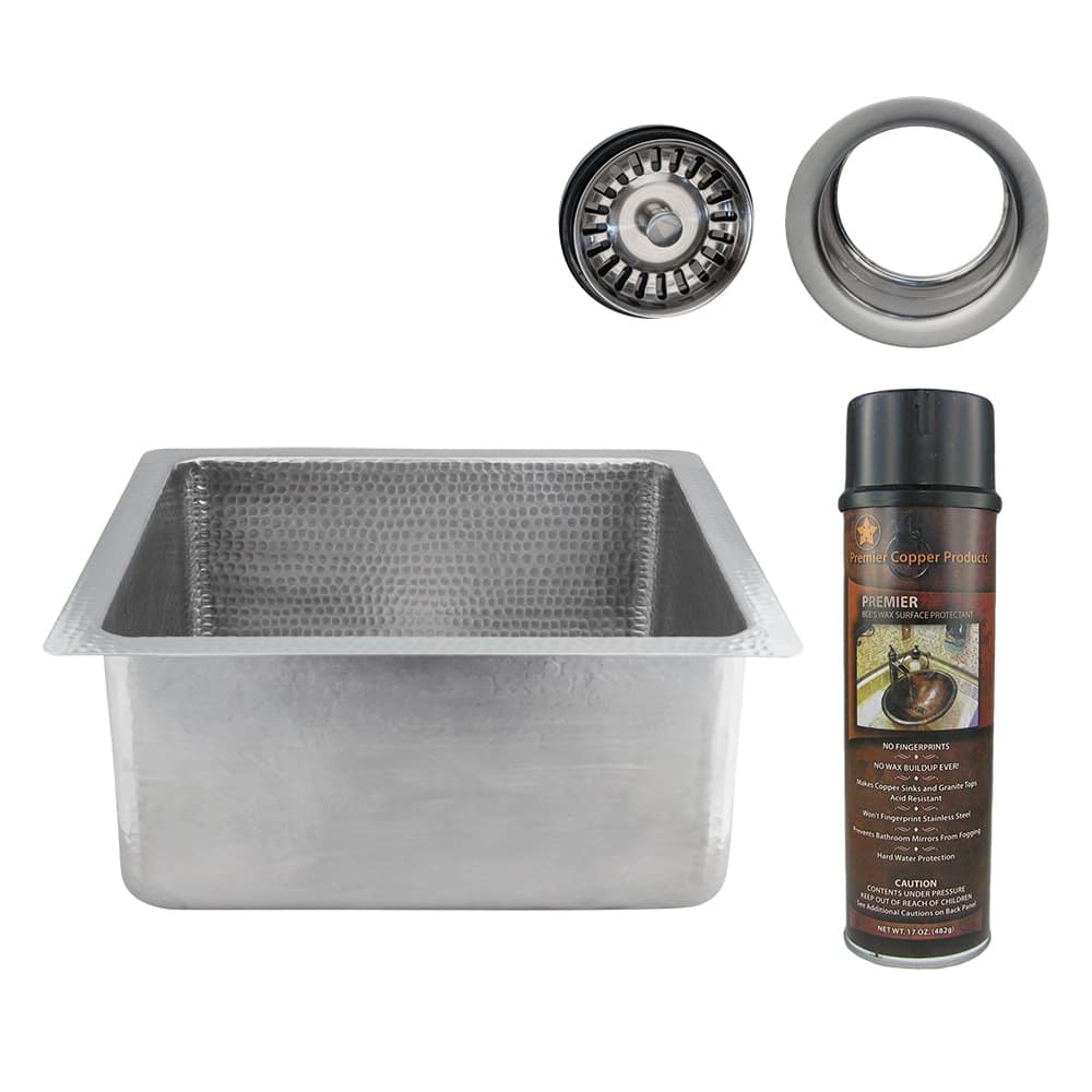 16" Square Hammered Copper Bar/Prep Sink in Nickel w/ 3.5" Drain Opening, Matching Drain and Accessories