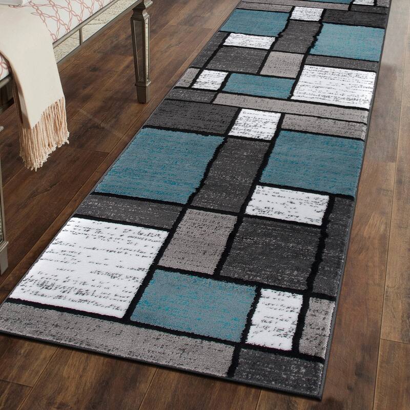 World Rug Gallery Contemporary Modern Boxed Color Block Area Rug - 2' x 7'2" Runner - Light Blue