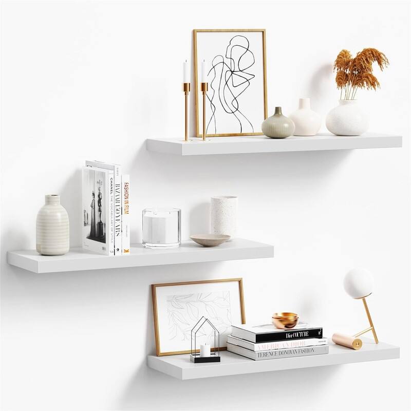 White Wood Wall Shelf Set of 3 - 6.7"D x24"W x 1"H - White 24inch