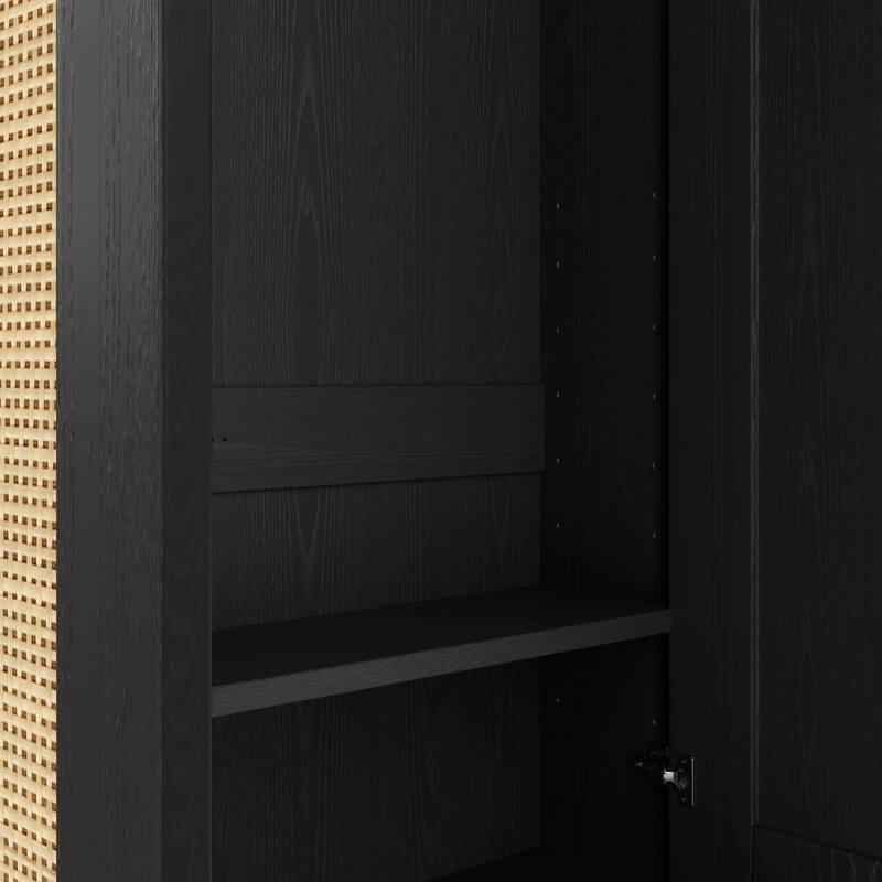 Roomfitters Mid-Century Wide Hall Tree with Rattan Doors, Mudroom 4-in-1 Seating Bench with 6 Hooks and Shelf Shoe Cabinet