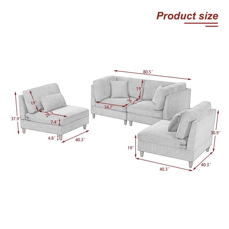 4-Piece Modern Corduroy Modular Sectional Sofa with pillows For Living Room