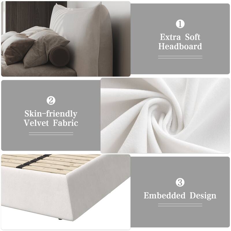 King Size Upholstered Platform Bed with Special Shaped Velvet Headboard
