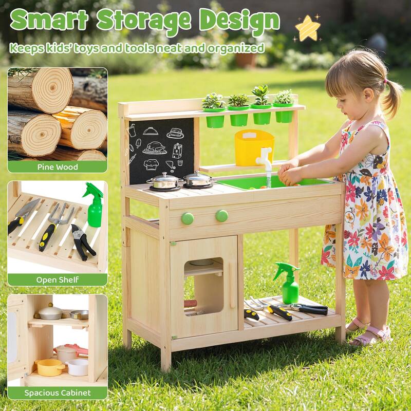 Gymax Kids Mud Kitchen Play Pretend Kitchen w/ Chalkboard Stoves