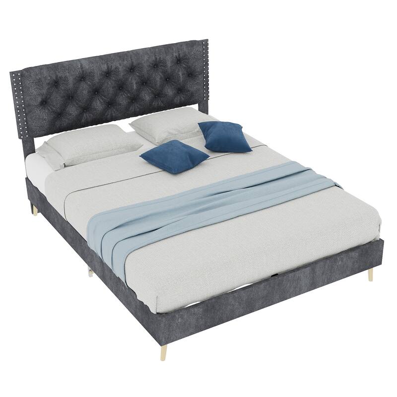 Modern Suede Soft Package Bed, Comfort Full Size Velvet Upholstered Platform Bed, With Tufted Headboard