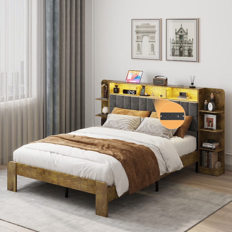 Brown Queen Size Platform Bed with Storage,LED Lights and Charging Station for Bedroom - Brown