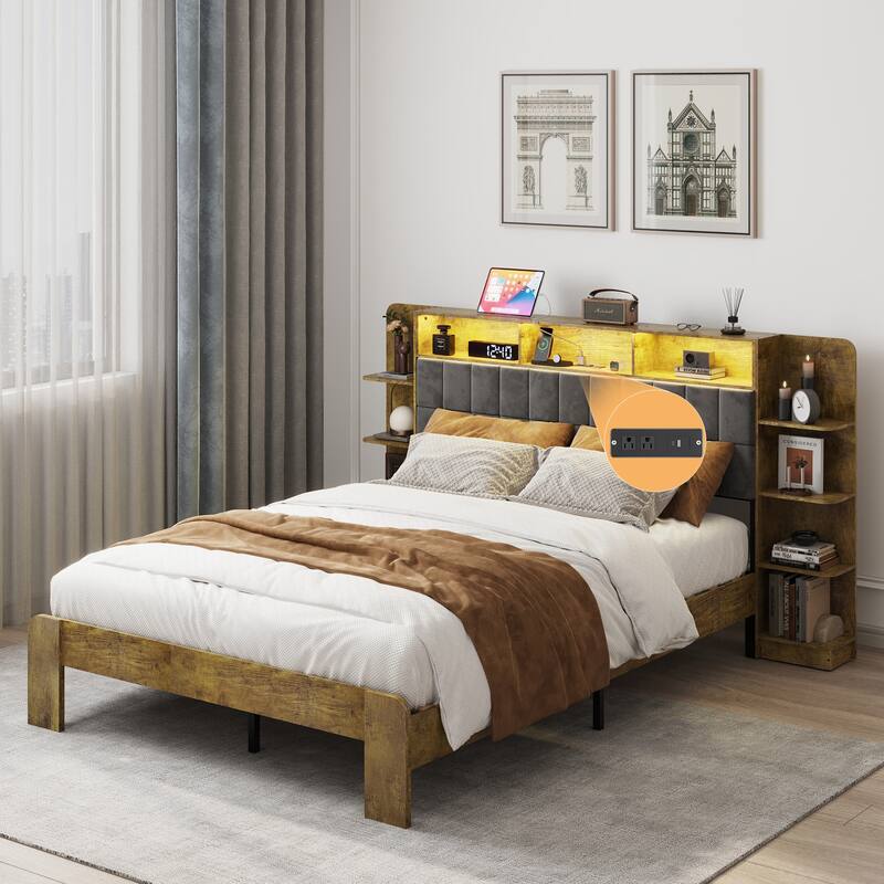 Queen Size Platform Bed with LED Lights and Charging Station