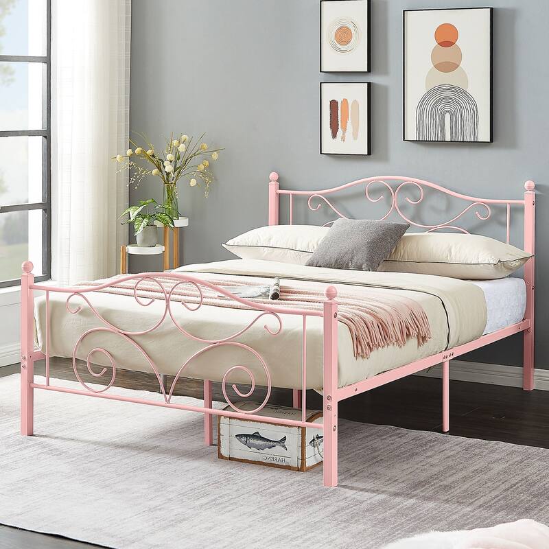 VECELO Metal Platform Bed Frame with Scroll Headboard, Twin/Full/Queen Size Beds - Pink - Full