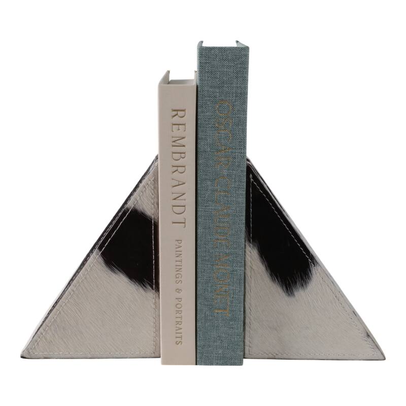 Leather Wood Bookends Cowhide Pattern Triangular (Set of 2) - 7" Ivory - 5.5" x 2.75" x 7"