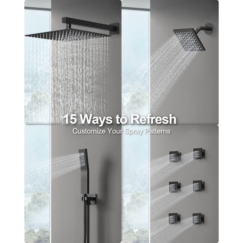 GRANDJOY Shower System Dual Shower Heads 16" and 6" Wall Mounted High Pressure Handheld Spray 6 Body Jets Thermostatic