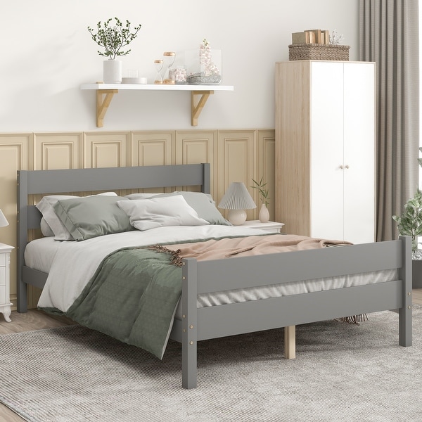 Full Size Pine Wood Platform Bed Frame with Headboard and Footboard Panel Bed Bedroom Bed No Need Spring Box Grey