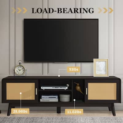 63Inch Media Console Table Rattan TV Stand with 2 Storage Cabinets