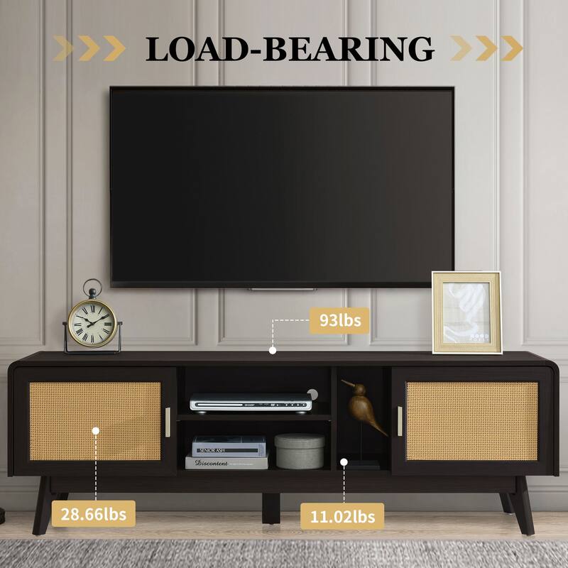 Dark Rattan TV Stand with 2 Storage Cabinets for 65 Inch TV, Entertainment Center with Solid Wood Legs, Media Console Table