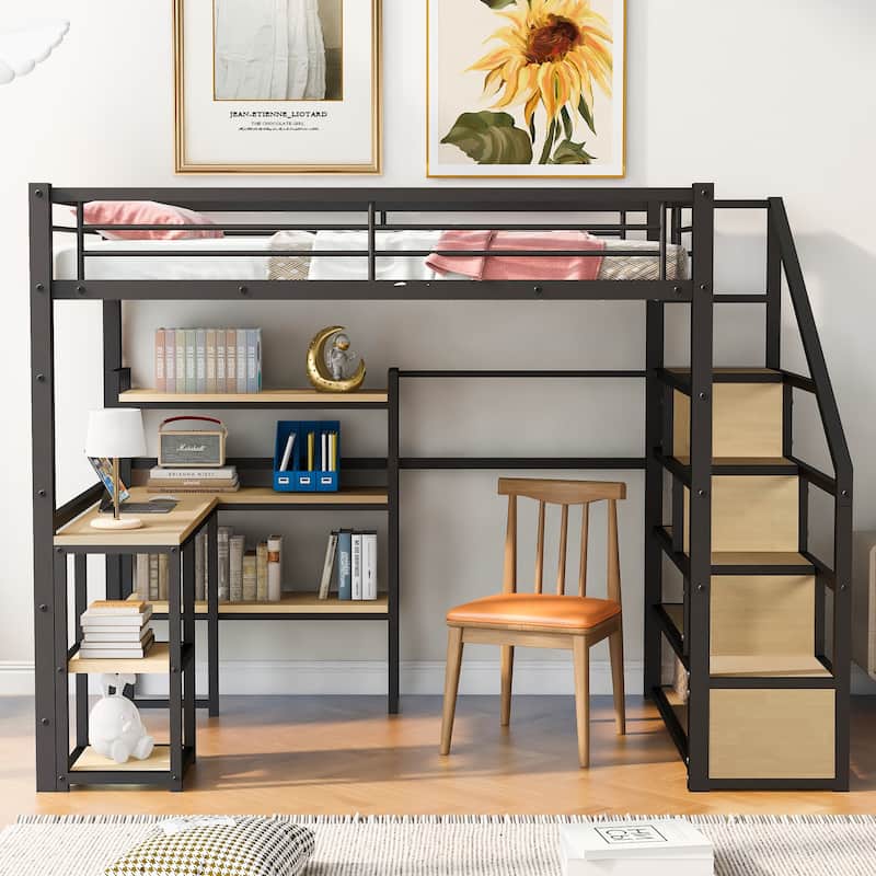 Full Size Metal Loft bed with Staircase, Builtin Desk and Shelves