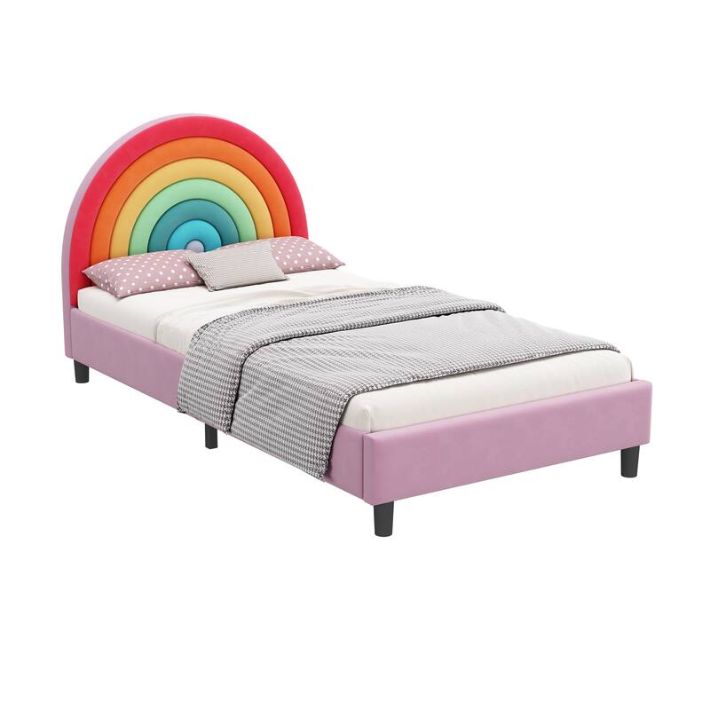 Rainbow Design Upholstered Twin Platform Bed Cute Style Princess Bed for Boys & Girls, Teens - Colorful