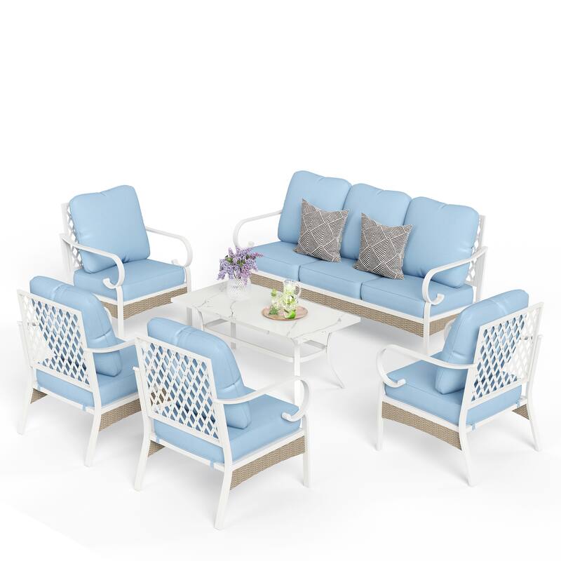 MAISON ARTS 7-Seat Patio Conversation Set, 2/4 x Cushioned Metal Chair, 1 x 2-Seat Sofa,1 x 3-Seat Sofa with Coffee Table - Set 1 - Baby Blue