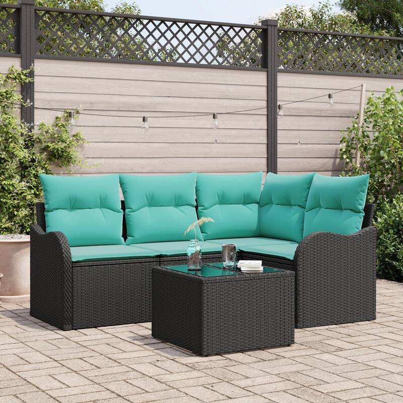 vidaXL 4 Garden Sofa Set with Cushions Black Poly Rattan - 69.9 x 48.2 x 27.2 - Black with table