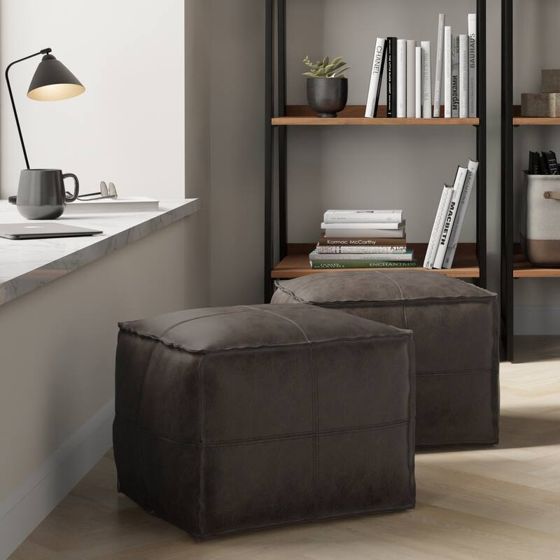 WYNDENHALL Erving Boho Square Pouf in Leather - Distressed Dark Brown