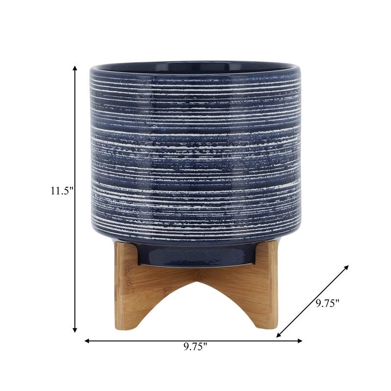 Sagebrook Home Striped Ceramic Planter with Wooden Stand Indoor/Outdoor