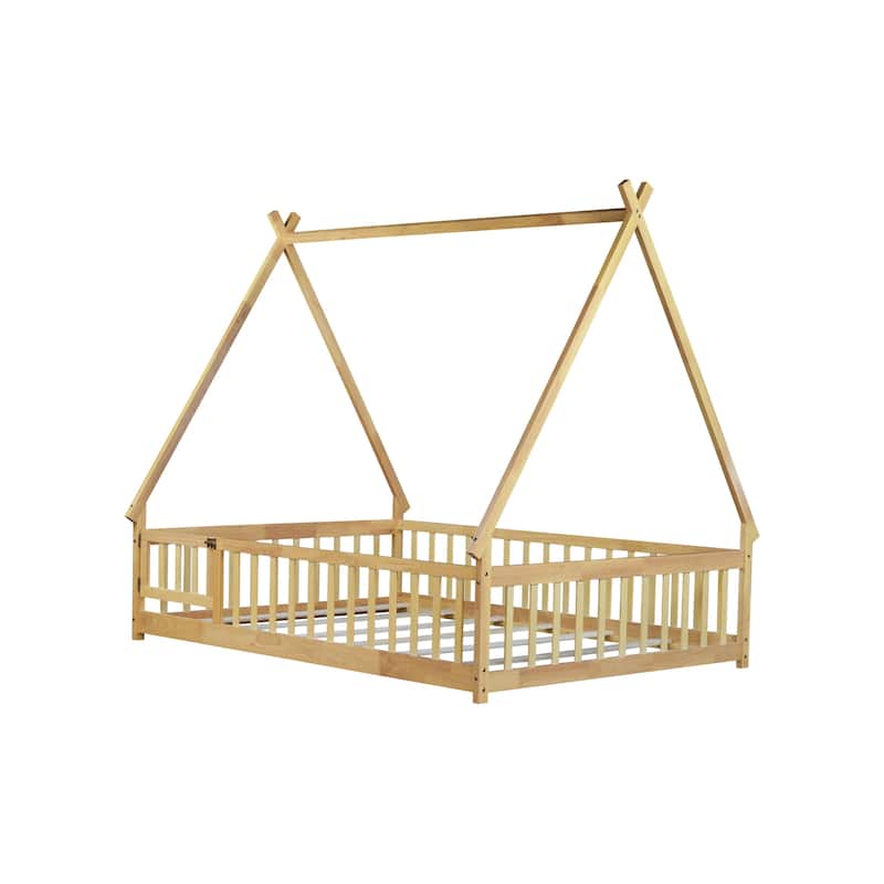 Roomfitters Twin/Full Tent-Shaped Floor Bed with Teepee Frame, Rubber Wood Platform with Guardrails, Slats and Door