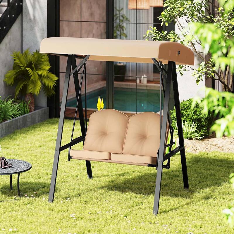 2-Person Porch Swing Outdoor Loveseat Swing w/ Canopy & Metal Frame