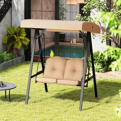 2-Person Porch Swing Outdoor Loveseat Swing w/ Canopy & Metal Frame