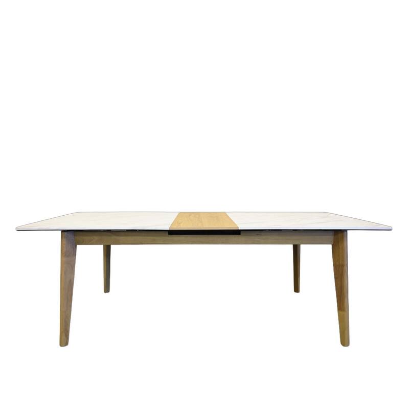 HomeRoots 86" White and Oak Wood Self-Storing Leaf Extendable Dining Table - 70.90 in. x 29.53 in. x 36.10 in.