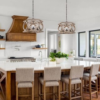 Azizon Modern Farmhouse 4-Light Drum Wood Chandelier for Dining Room - Distressed Wood - 18" D x 12.5" H