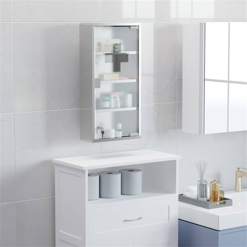 Silver Stainless Steel Medicine Cabinet with Tempered Glass Door and Lock - 11.75" W x 4.75" D x 23.5" H