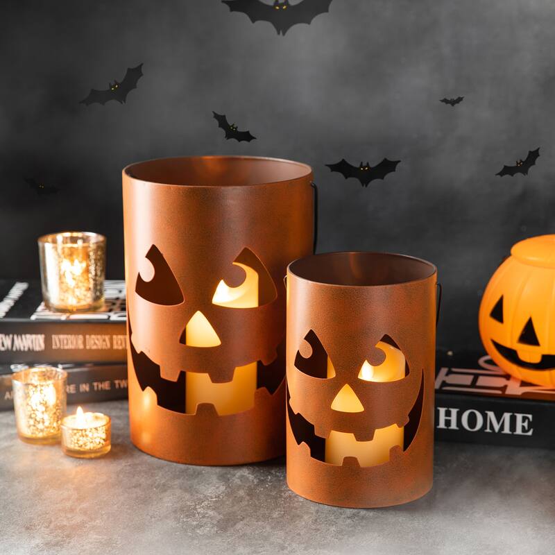 Glitzhome Set of 2 Hollow Out Metal Bucket Lanterns Candle Holder for Fall Halloween Thanksgiving