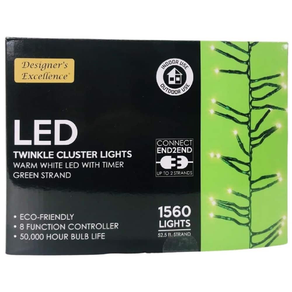 LED Twinkle Cluster Lights 52.5Ft White w/ Green Strand Connect End to End - 52.5 Feet