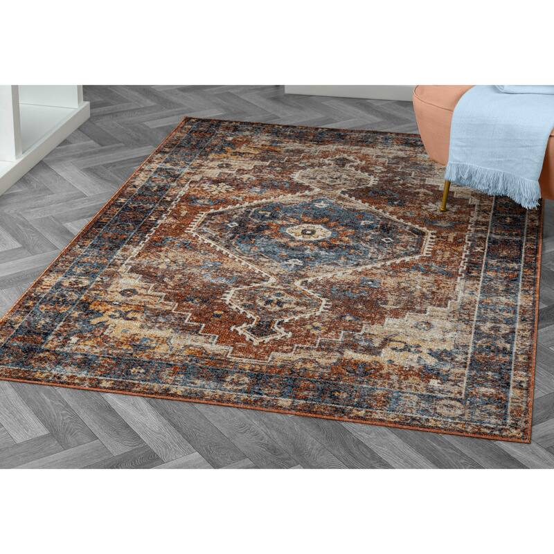 Sevita Distressed Bordered Blue Orange Medallion Machine-Washable Rug