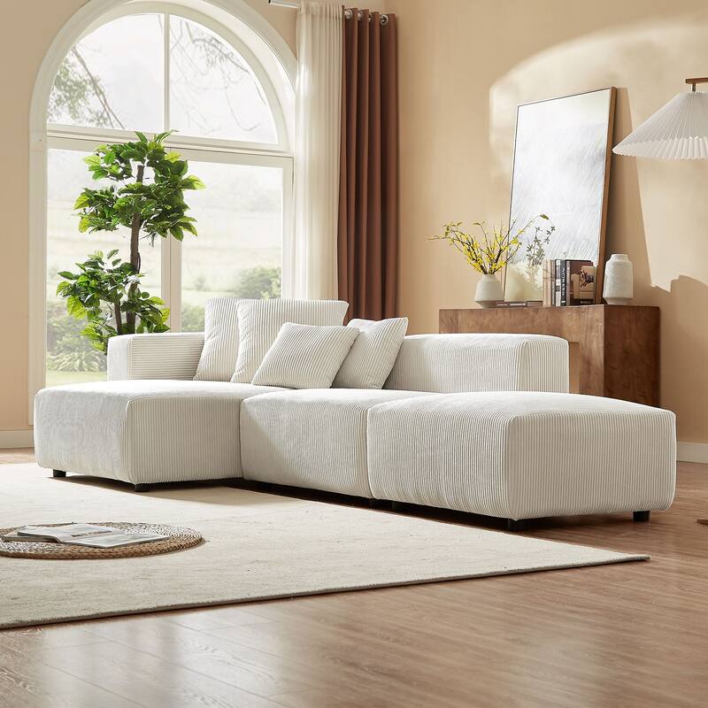 Modular Soft Corduroy Sectional Sofa Set with 4 Pillows, Living Room L-Shape Chaise Sofa Set with Armless Chair and Ottoman