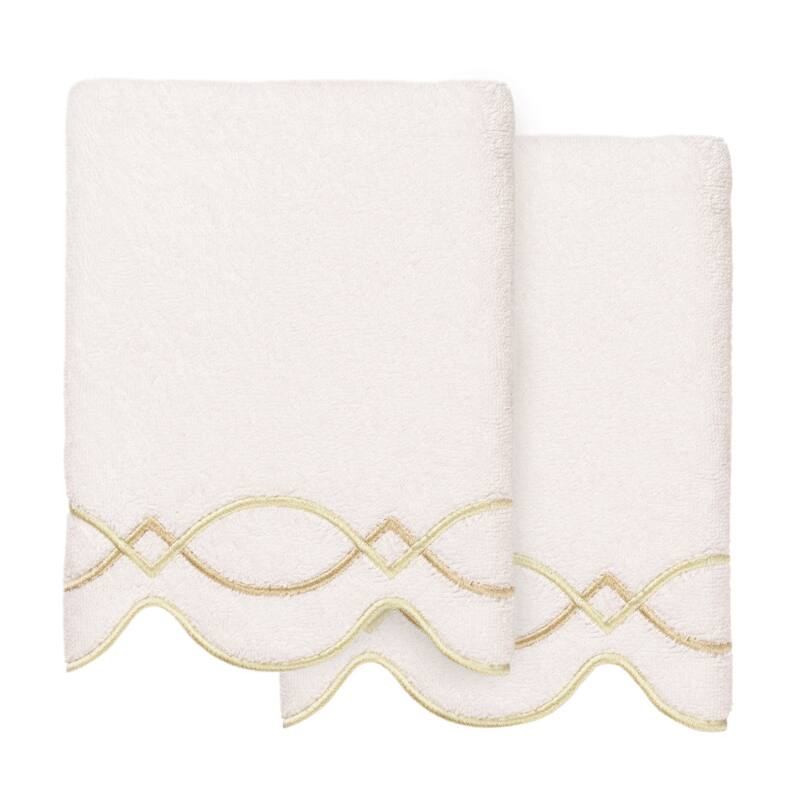 Authentic Hotel and Spa 100% Turkish Cotton DIAMOND CHAIN Scallop Embellished Towel Collection - White/Beige - 2 Hand Towels