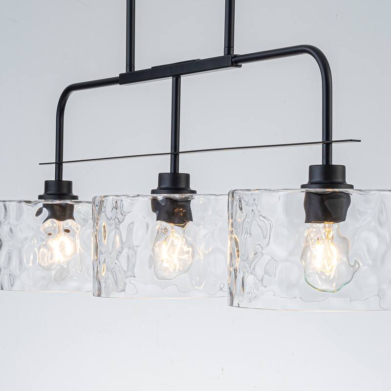Modern 3-Light Black Pendant Light with Water Ripple Glass Shades for Dining and Living Room
