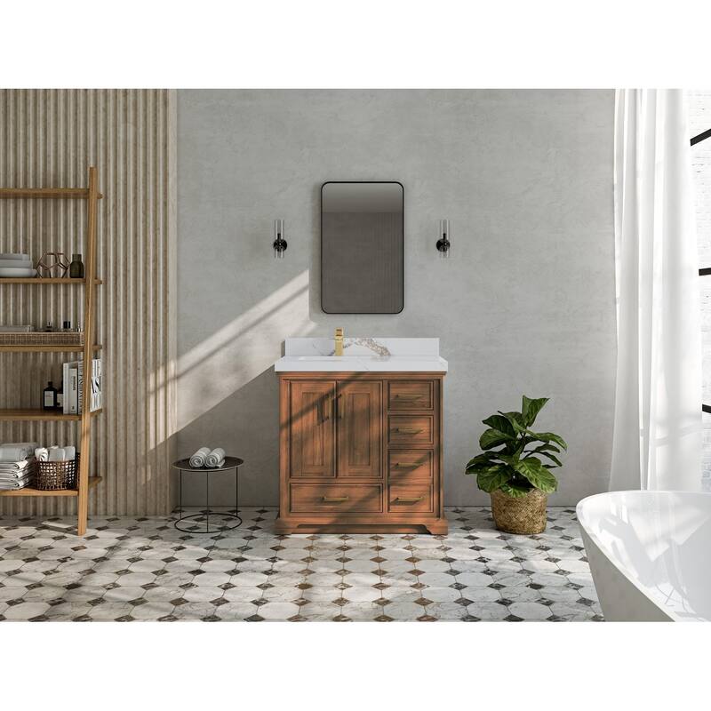 Willow Collections 36 in. W x 22 in. D Charlotte Teak Left Offset Sink Bathroom Solid Teak Vanity with Countertop