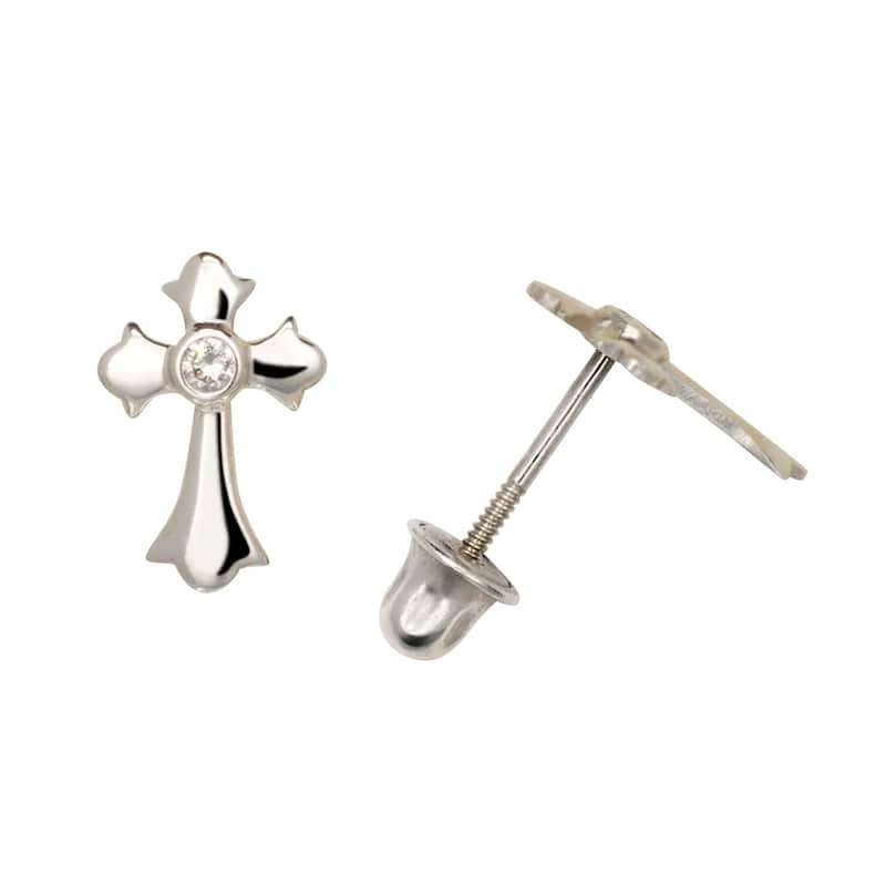 Curata Solid 14k Yellow or White Gold Small Round Cubic Zirconia Flared Cross Stud Screw-back Earrings (7x10mm) - White - White