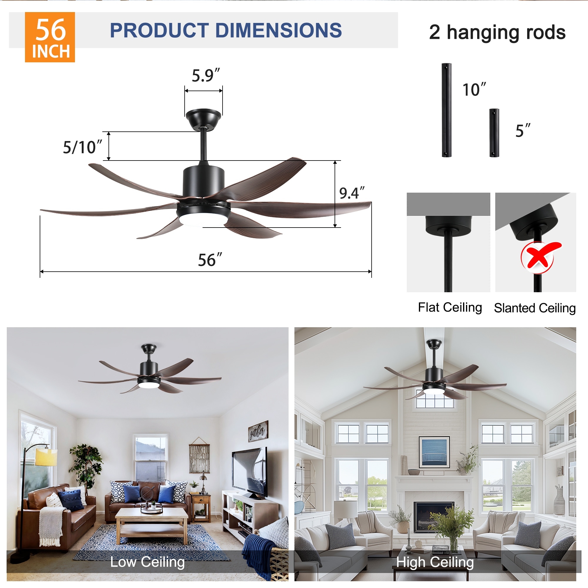 56 Inch Ceiling Fan with Light, 6 ABS Blades, 3-Color 18W LED