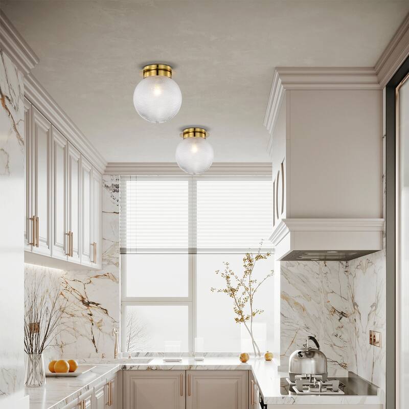 Gruste Brass Flushmount Ceiling Lamp with Pyramidical Patterned Glass Globe Shade