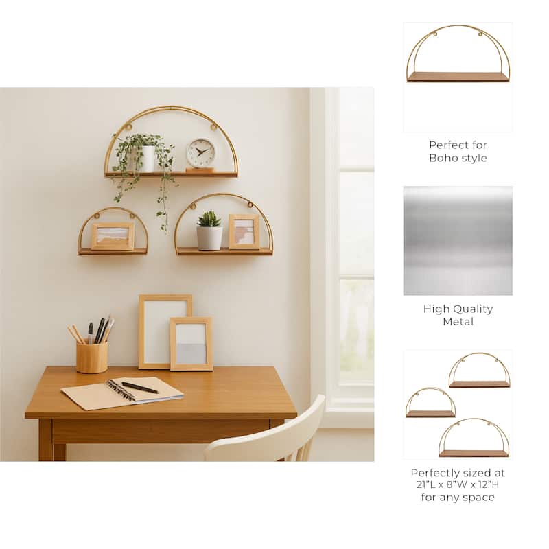 Metal Wood Arched Wall Shelves Set - Brown, 10/12/14" - 21.0"