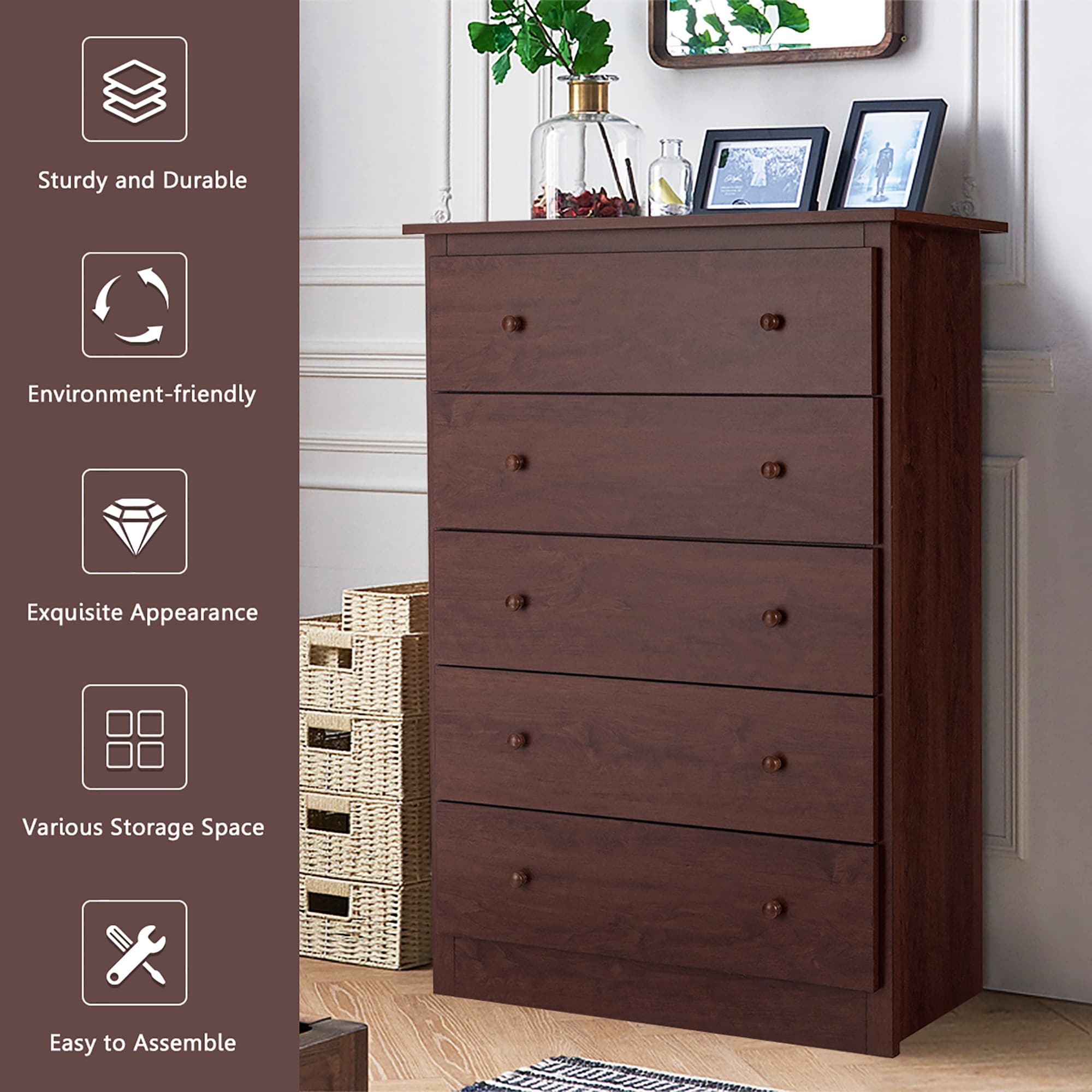 5 Drawer Storage Chest Wooden Clothes Organizer for Home and